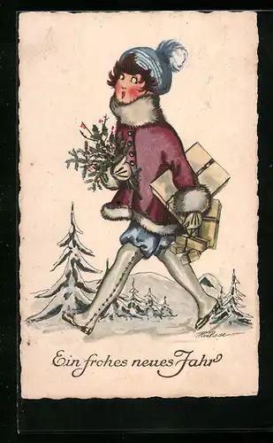 AK Ein frohes neues Jahr, Dame im Schnee mit Geschenken