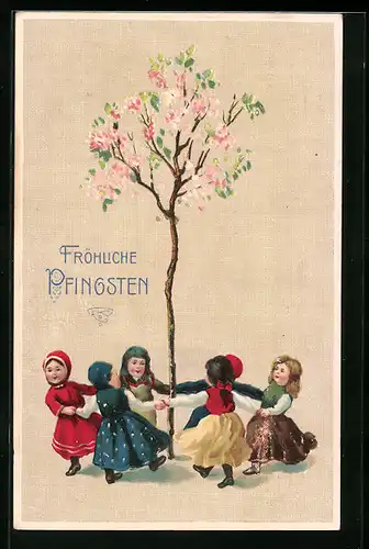 AK Kinder tanzen um einen Baum, Pfingstgruss