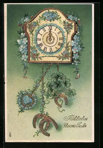 Präge-AK Uhr zu Mitternacht mit Hufeisen und Kleeblättern