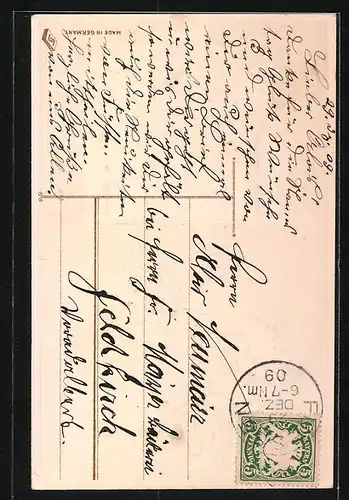 Präge-AK Uhr zu Mitternacht mit Hufeisen und Kleeblättern