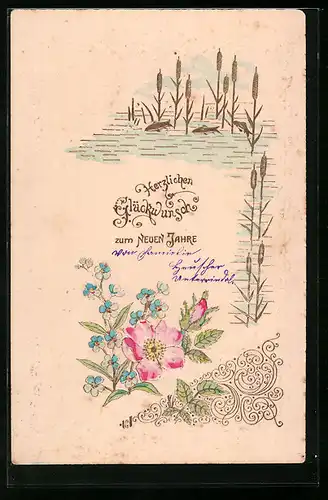 AK Glückwunsch zum neuen Jahre, Blumen am Ufer