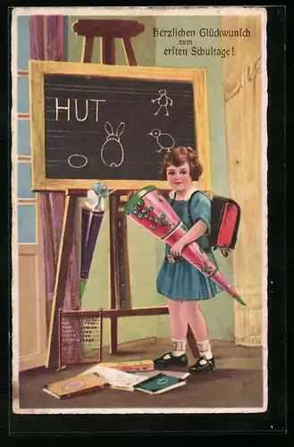 AK Mädchen mit Schultüte vor der Tafel, Schulanfang