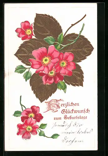 Präge-AK Glückwunsch zum Geburtstag, Rosenblüten