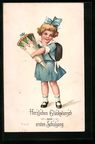 AK Glückwunsch zum ersten Schulgang, Mädchen mit Schultüte, Schulanfang