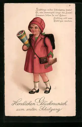 AK Glückwunsch zum ersten Schulgang, Mädchen mit Schultüte, Schulanfang
