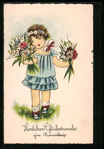AK Glückwunsch zum Namenstag, Mädchen mit Blumen