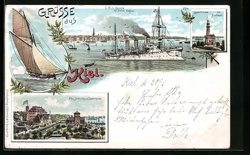 Lithographie Kiel, S. M. S. Gefion im Kieler Hafen, Kgl. Schloss und Seegarten, Leuchtturm zu Holtenau