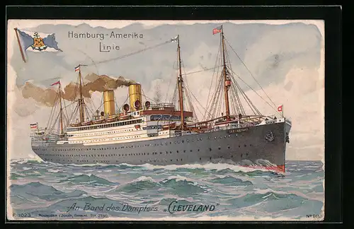 Lithographie Passagierschiff Cleveland der H.-A.-Linie in voller Fahrt