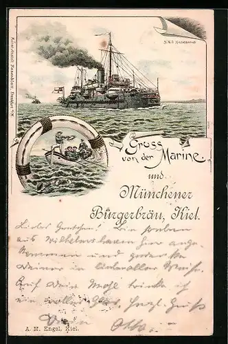 Lithographie Kriegsschiff macht Fahrt, Matrosen in Ruderboot