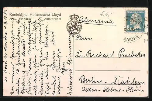 AK Passagierschiff SS Flandria, Koninklijke Hollandsche Lloyd