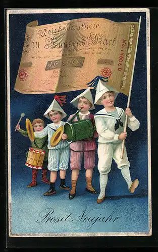 AK Kinder mit Geldflagge, Gruss zum Neujahr