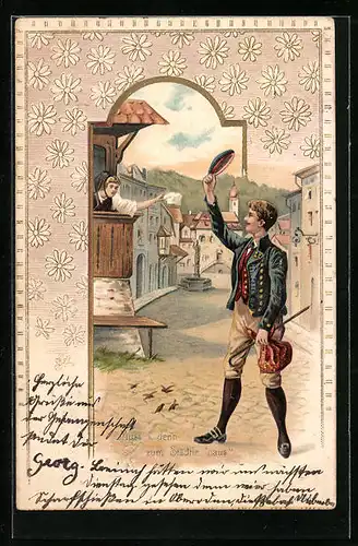 Präge-AK Mann und Frau verabschieden sich