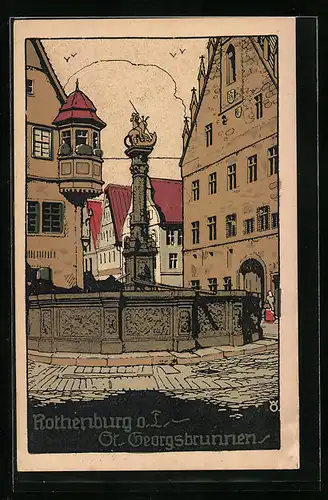 Steindruck-AK Rothenburg ob der Tauber, Partie am St. Georgsbrunnen