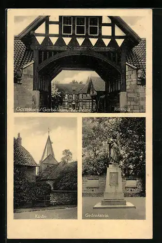 AK Garmissen-Garbolzum, Rittergut, Gedenkstein, Kirche