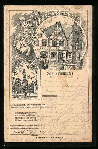 Lithographie Marbach, Schillers Geburtshaus, Denkmal