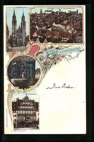 AK Nürnberg, St. Lorenzkirche, Panorama, Pellerhaus, Gänsemännchen
