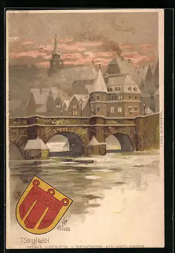 Lithographie Tübingen, Ortsansicht im winterlichen Morgenrot, Wappen