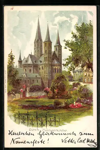 Lithographie Bonn, Ansicht der Münsterkirche