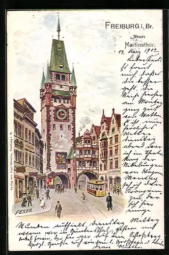 Lithographie Freiburg i. Br., Neues Martinstor, Strassenbahn