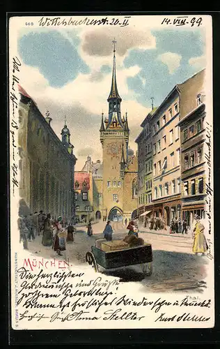 Lithographie München, Strassenpartie in Thal