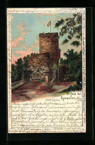 Lithographie Trifels bei Annweiler, Turm mit Gedenkstein