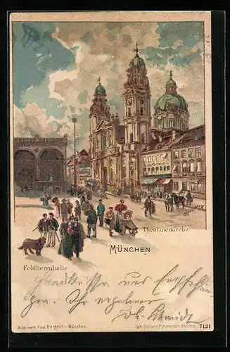 Lithographie München, Strassenpartie mit Theatinerkirche und Feldherrnhalle