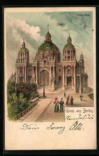 Lithographie Berlin, Passanten vor dem Neuen Dom