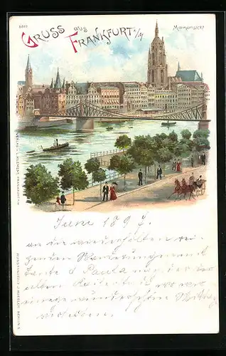 Lithographie Alt-Frankfurt, Mainansicht mit Brücke