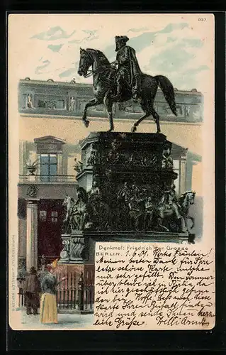 Lithographie Alt-Frankfurt, Denkmal Friedrich der Grosse mit Passanten