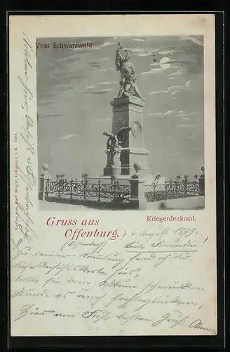 AK Offenburg, Kriegerdenkmal bei Nacht