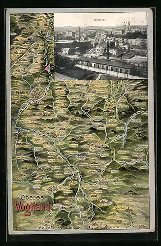 AK Adorf /Vogtl., Ortsansicht und Landkarte Oberes Vogtland