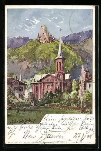 Künstler-AK Waldkirch i. B., Kirche und Burgruine