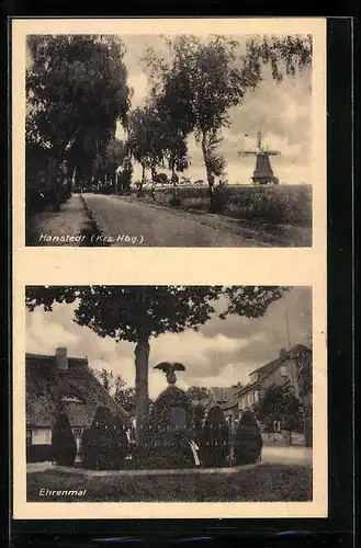 AK Hanstedt /Kr. Hbg., Strassenpartie mit Windmühle, Ehrenmal