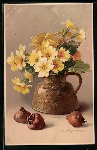 Künstler-AK Catharina Klein: Vase mit gelben Primeln, Zwiebeln