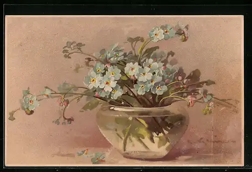 Künstler-AK Catharina Klein: Gläserne Vase mit Vergissmeinnicht