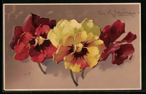 Künstler-AK Catharina Klein: Drei Stiefmütterchenblüten in Gelb und Rot