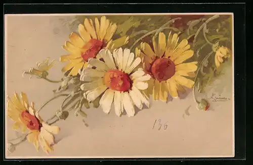 Künstler-AK Catharina Klein: Liegende Blumen mit gelben Blüten