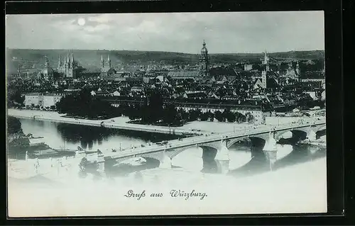 Mondschein-AK Würzburg, Ortsansicht mit Brücke