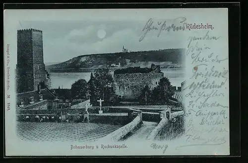 Mondschein-AK Rüdesheim, Brömserburg und Rochuskapelle