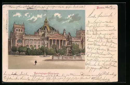Lithographie Berlin, Reichstagsgebäude mit Denkmal