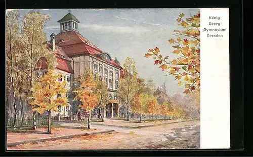 Künstler-AK Dresden, König Georg-Gymnasium im Herbst