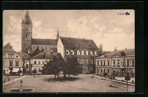 AK Tachau, Marktplatz mit Kirche