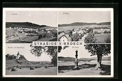 AK Strasice v Brdech, Kostel sv. Vavrince, Blick vom Kirchturm, Denkmal