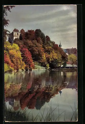 Künstler-AK Photochromie Nr. 4177: Burg mit herbstlichen Bäumen am See