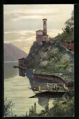Künstler-AK Photochromie Nr. 1606: Burg mit Gewässer und Boot