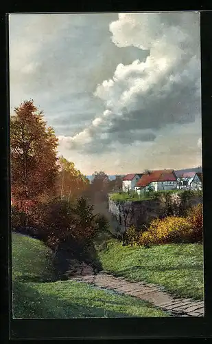 Künstler-AK Photochromie Nr. 1341: Wohnhäuser mit Bäumen im Herbst