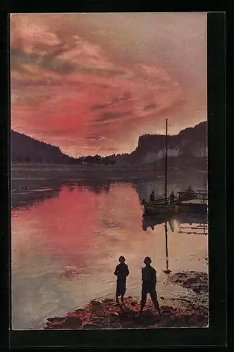 Künstler-AK Photochromie Nr. 4544: Fluss mit Boot im Abendlicht