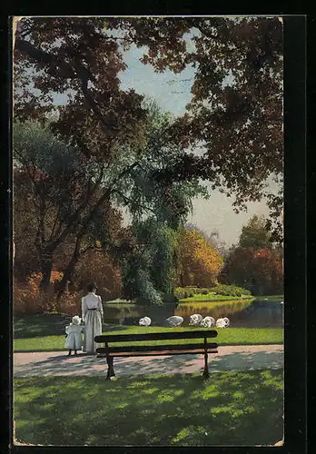 Künstler-AK Photochromie Nr. 2579: Mutter und Kind am Schwanenteich