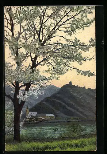 Künstler-AK Photochromie Nr. 2435: Blühender Baum und Kirche am See