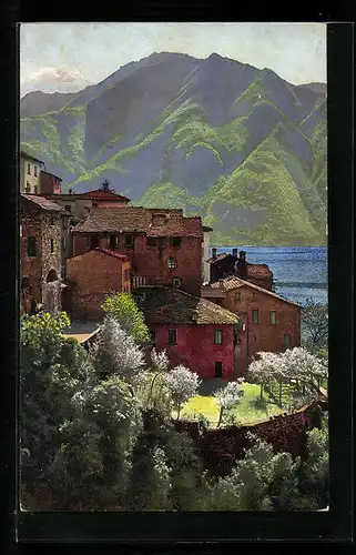 Künstler-AK Photochromie Nr. 3335: Nesso, Häuser mit Bergen